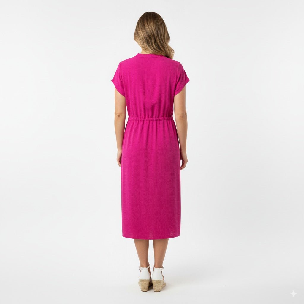 Alexa Fuchsia Midi Jurk met Borstzakjes en Tailleceintuur - BlushFashionstore