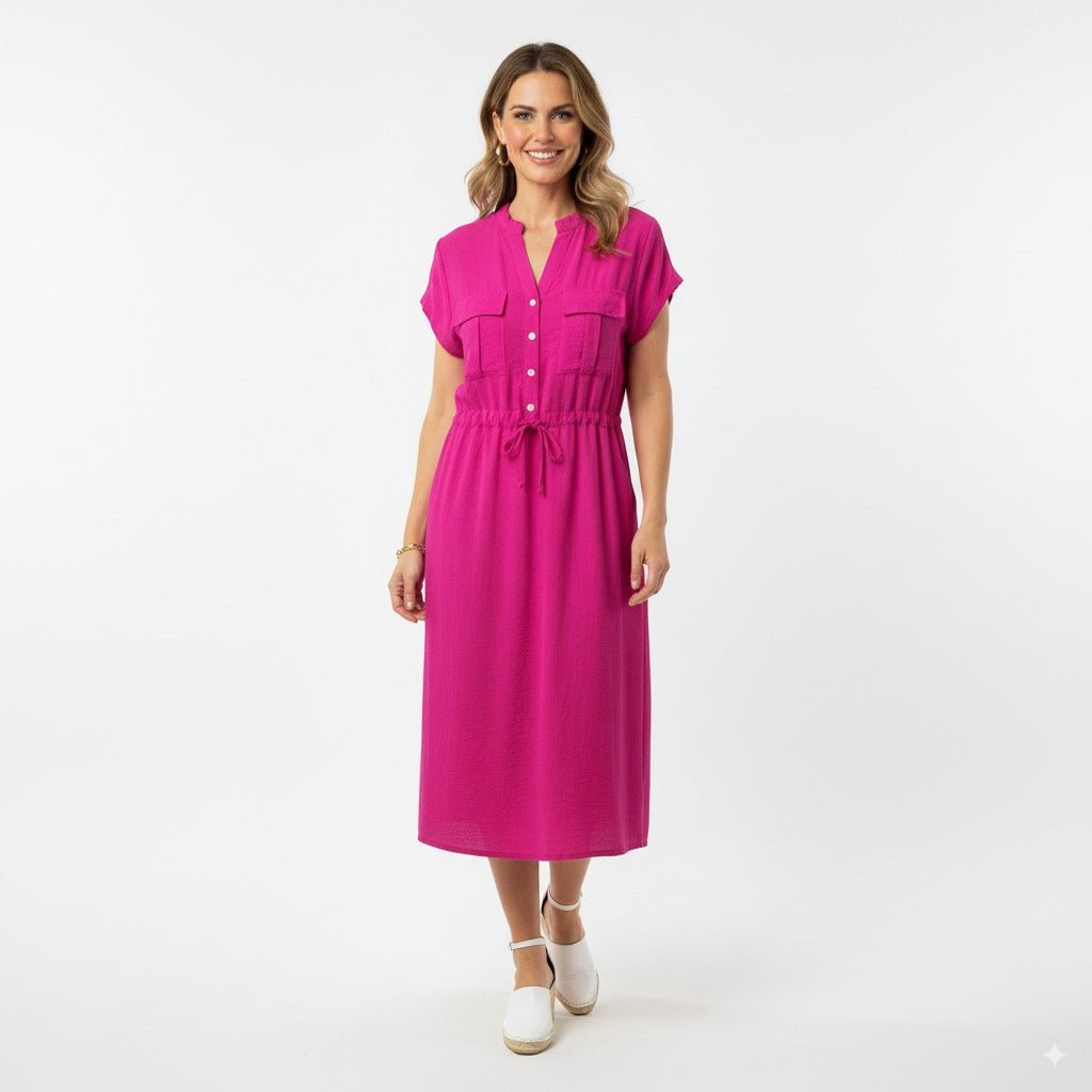 Alexa Fuchsia Midi Jurk met Borstzakjes en Tailleceintuur - BlushFashionstore