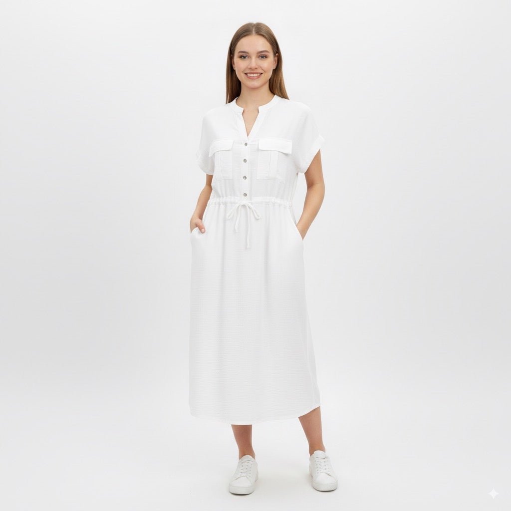 Alexa Witte Midi Jurk met Borstzakjes en Tailleceintuur - BlushFashionstore