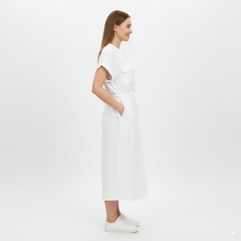 Alexa Witte Midi Jurk met Borstzakjes en Tailleceintuur - BlushFashionstore