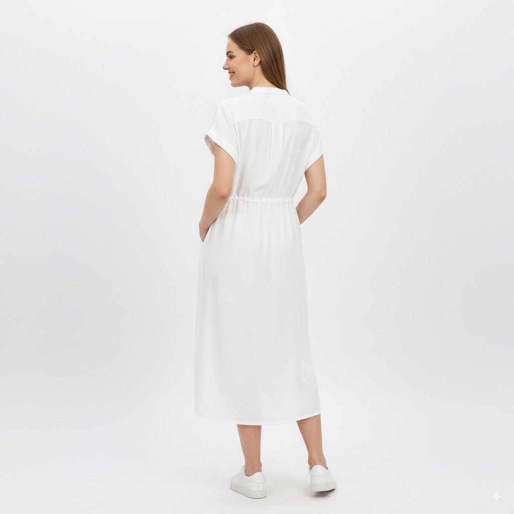Alexa Witte Midi Jurk met Borstzakjes en Tailleceintuur - BlushFashionstore