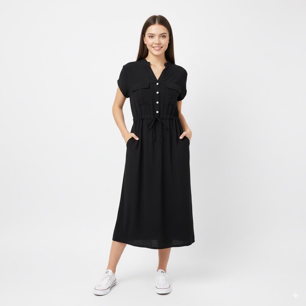 Alexa Zwarte Midi Jurk met Borstzakjes en Tailleceintuur - BlushFashionstore