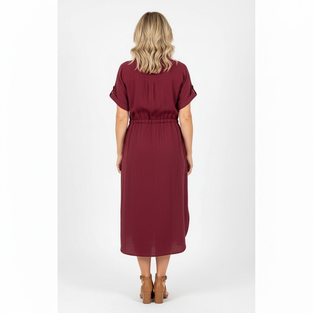Aura Bordeauxrode Doorknoopjurk | Midi Jurk met Ceintuur - BlushFashionstore