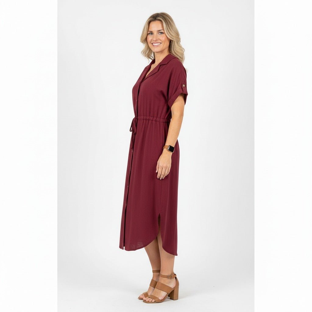Aura Bordeauxrode Doorknoopjurk | Midi Jurk met Ceintuur - BlushFashionstore