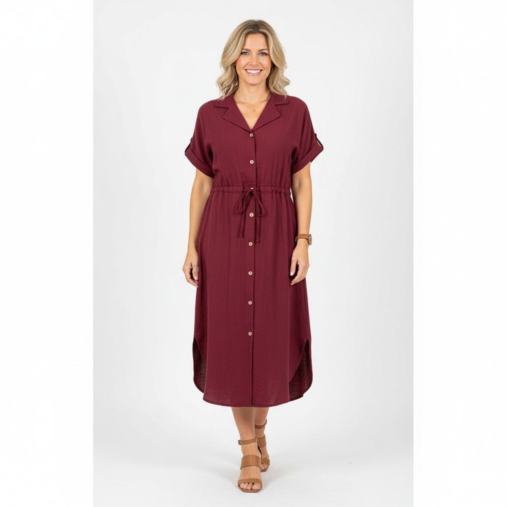 Aura Bordeauxrode Doorknoopjurk | Midi Jurk met Ceintuur - BlushFashionstore