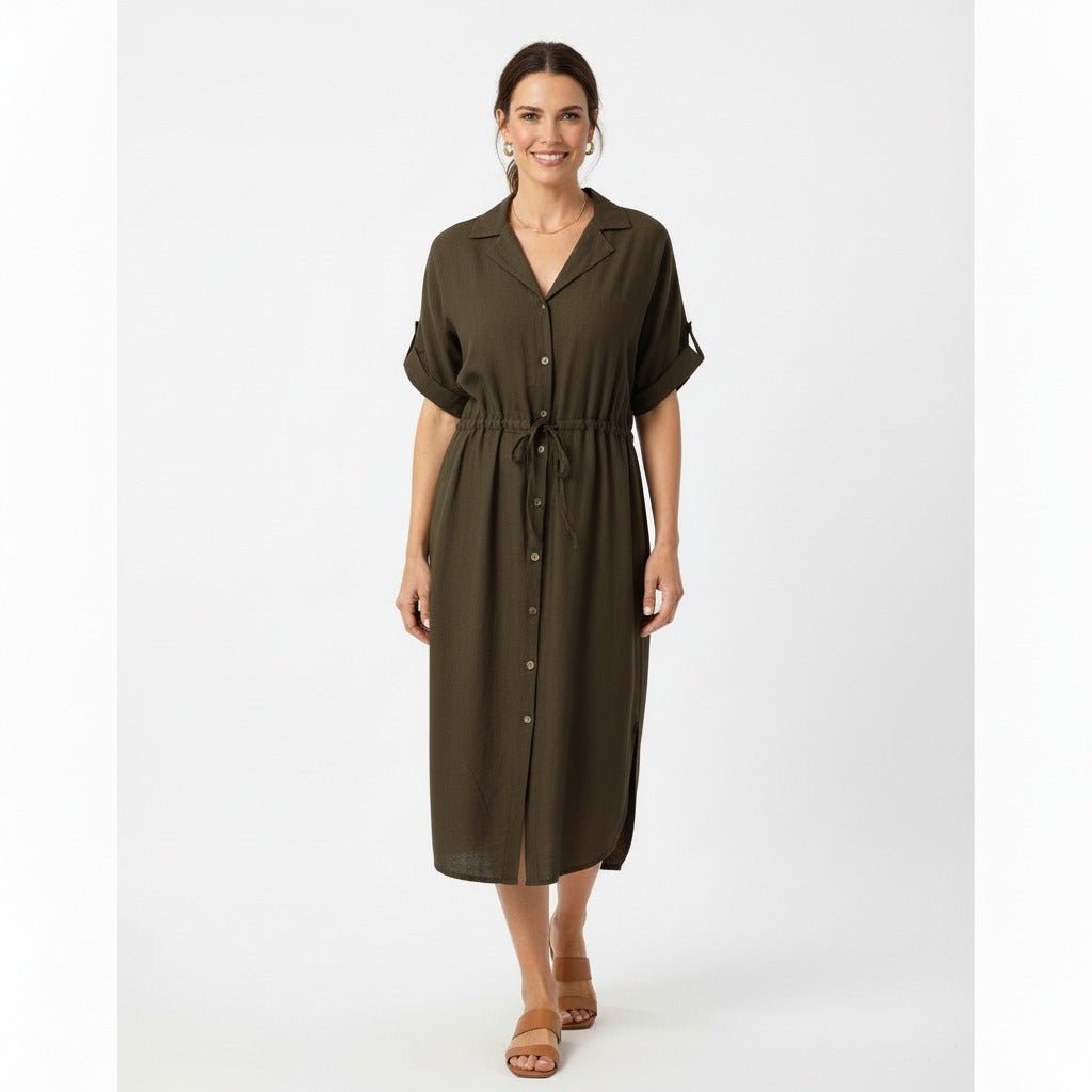 Aura Olijfgroene Doorknoopjurk met Ceintuur en Korte Mouwen - BlushFashionstore