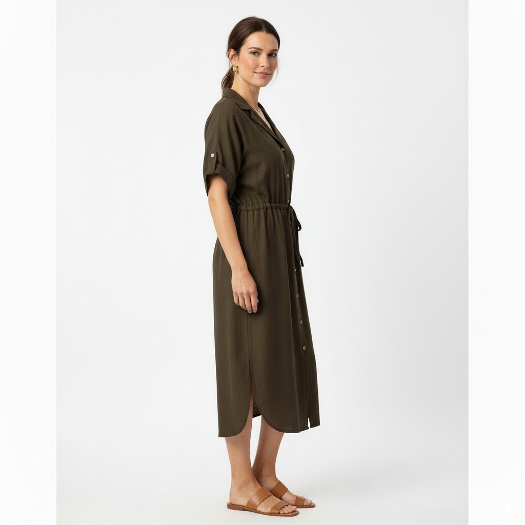 Aura Olijfgroene Doorknoopjurk met Ceintuur en Korte Mouwen - BlushFashionstore