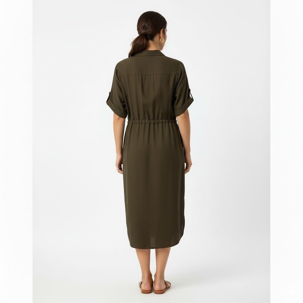 Aura Olijfgroene Doorknoopjurk met Ceintuur en Korte Mouwen - BlushFashionstore