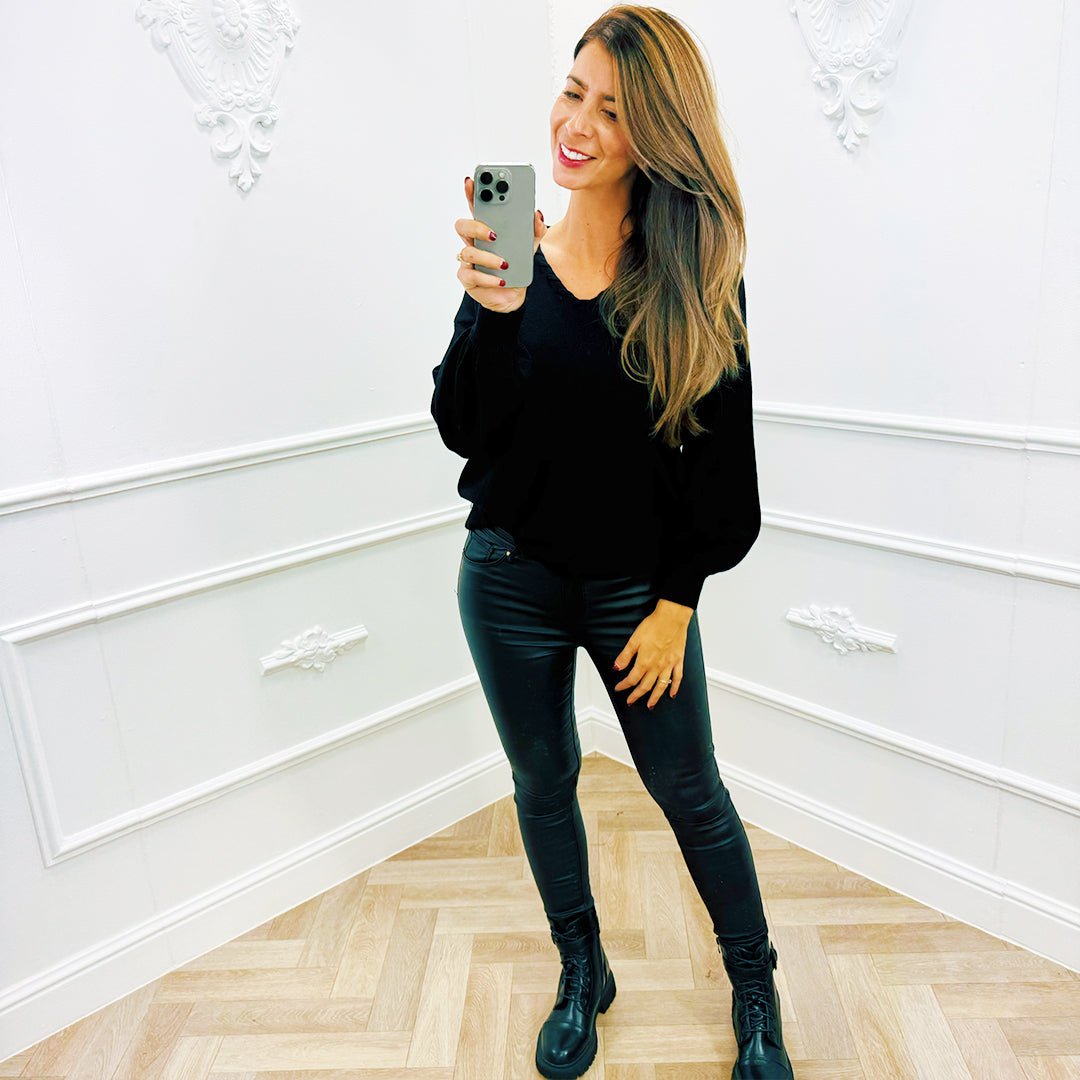 Ballonmouw Top Zwart - BlushFashionstore