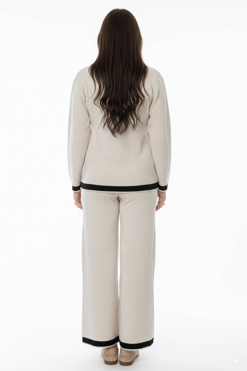 Beige 2 - Delige Dames Set – Blazer & Broek met Zwarte Contrastdetails - BlushFashionstore