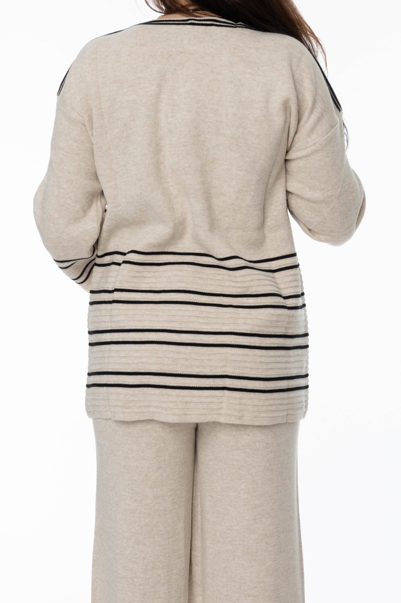 Beige dames set met strepen – Comfortabel co - ord pak met flair broek - BlushFashionstore