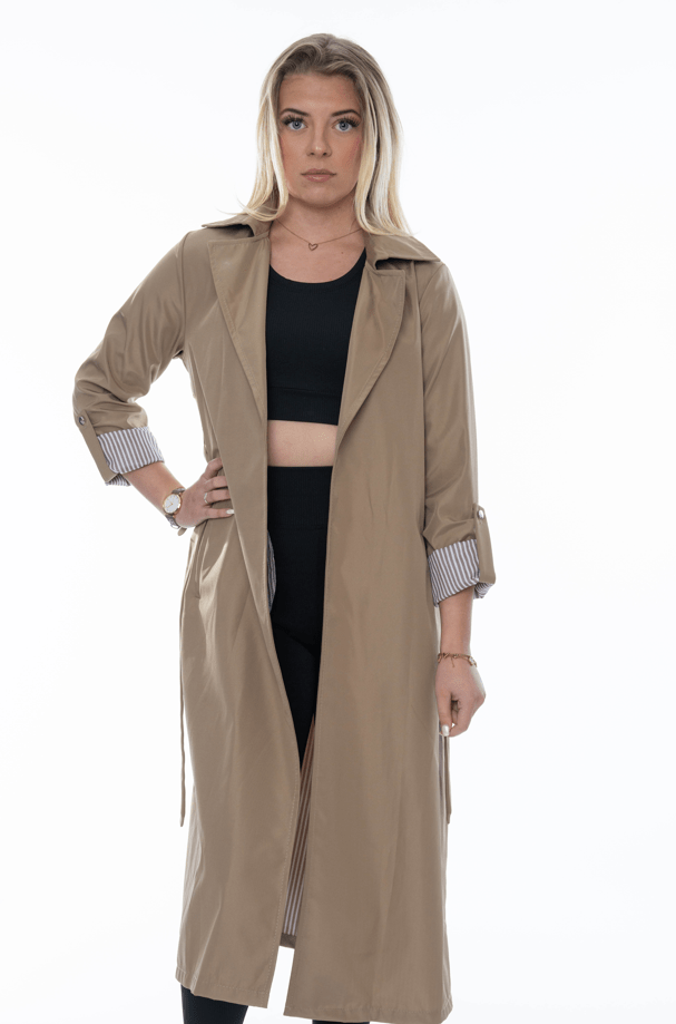 Beige dames trenchcoat – Lange jas met opgerolde mouwen - BlushFashionstore
