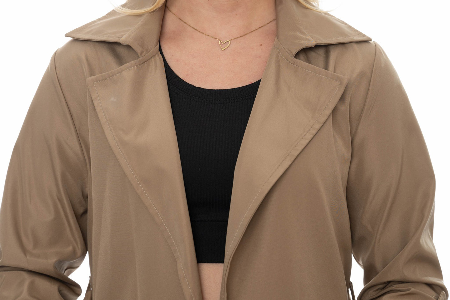 Beige dames trenchcoat – Lange jas met opgerolde mouwen - BlushFashionstore