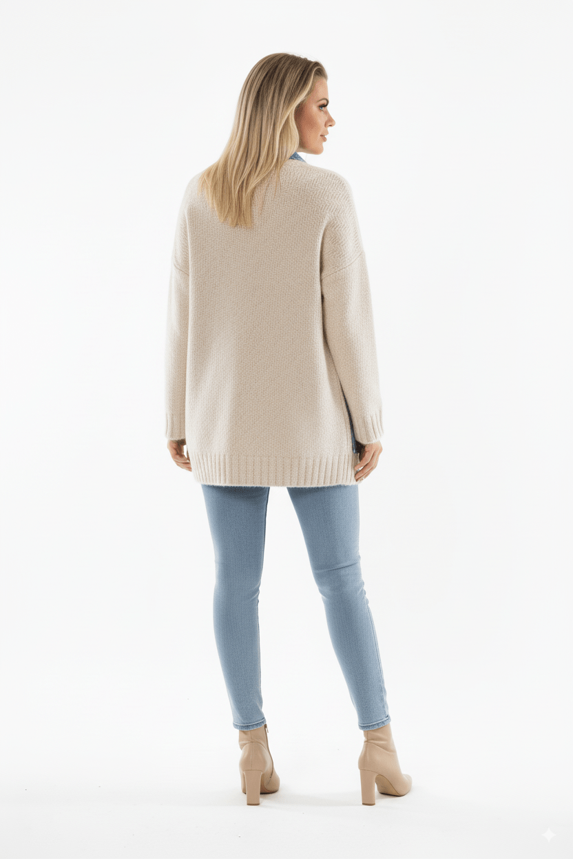 Beige Dames Vest met Denim Zakdetails Knit Cardigan - BlushFashionstore