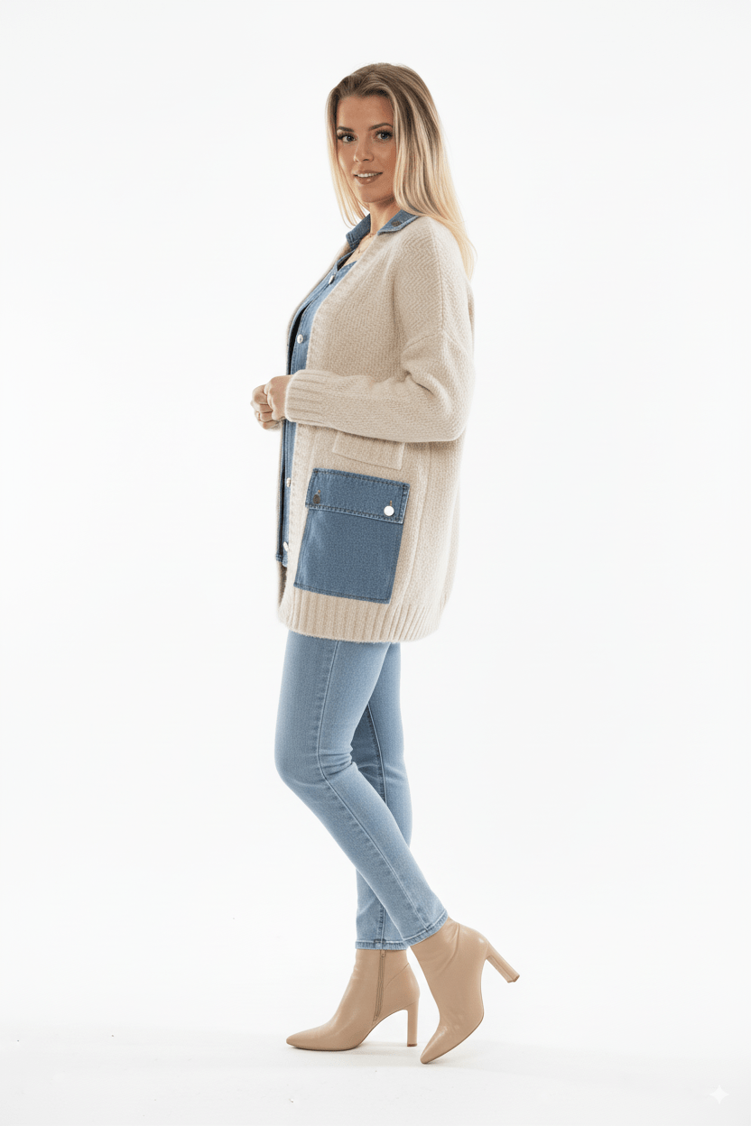 Beige Dames Vest met Denim Zakdetails Knit Cardigan - BlushFashionstore