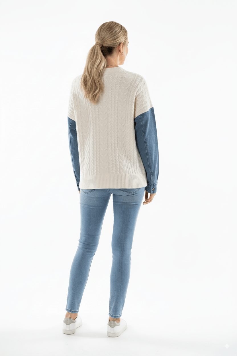 Beige Kabel Knit Trui met Denim Mouwen – Casual Chic - BlushFashionstore