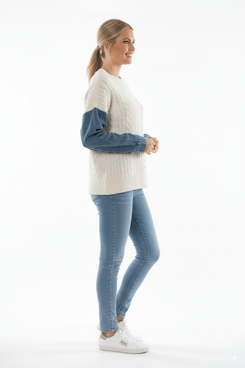 Beige Kabel Knit Trui met Denim Mouwen – Casual Chic - BlushFashionstore