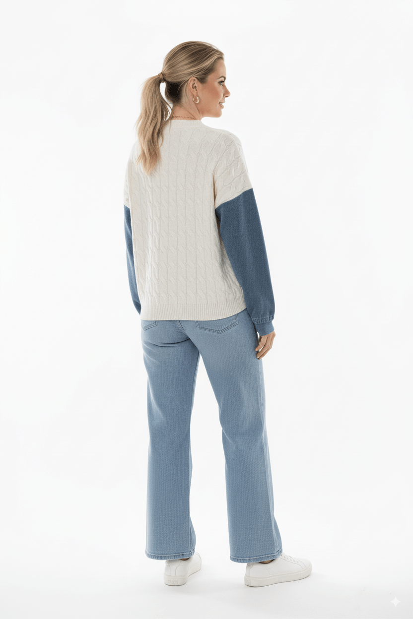 Beige Kabel Knit Trui met Denim Mouwen & Halsdetail - BlushFashionstore