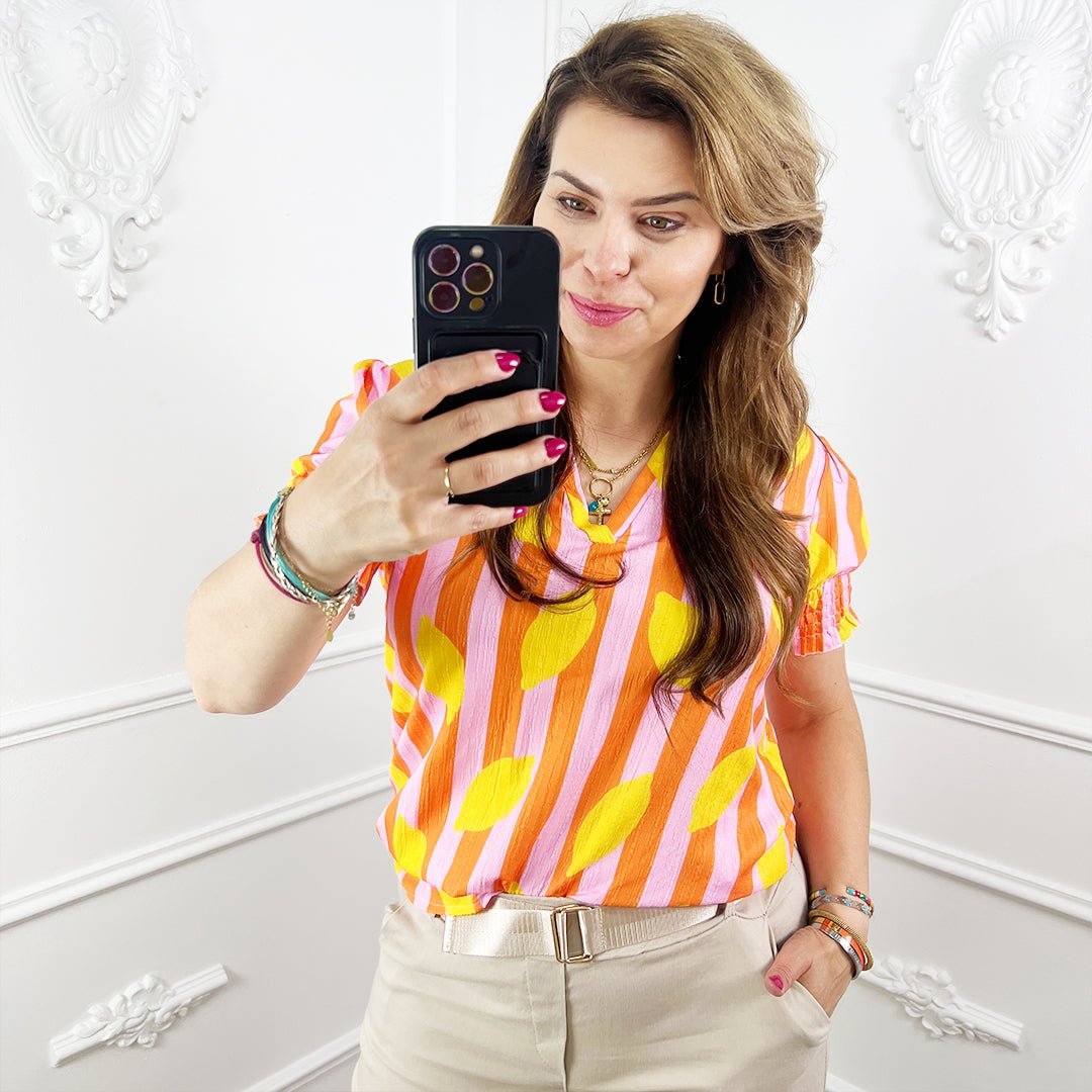 Blouse citroen print oranje - streep - BlushFashionstore