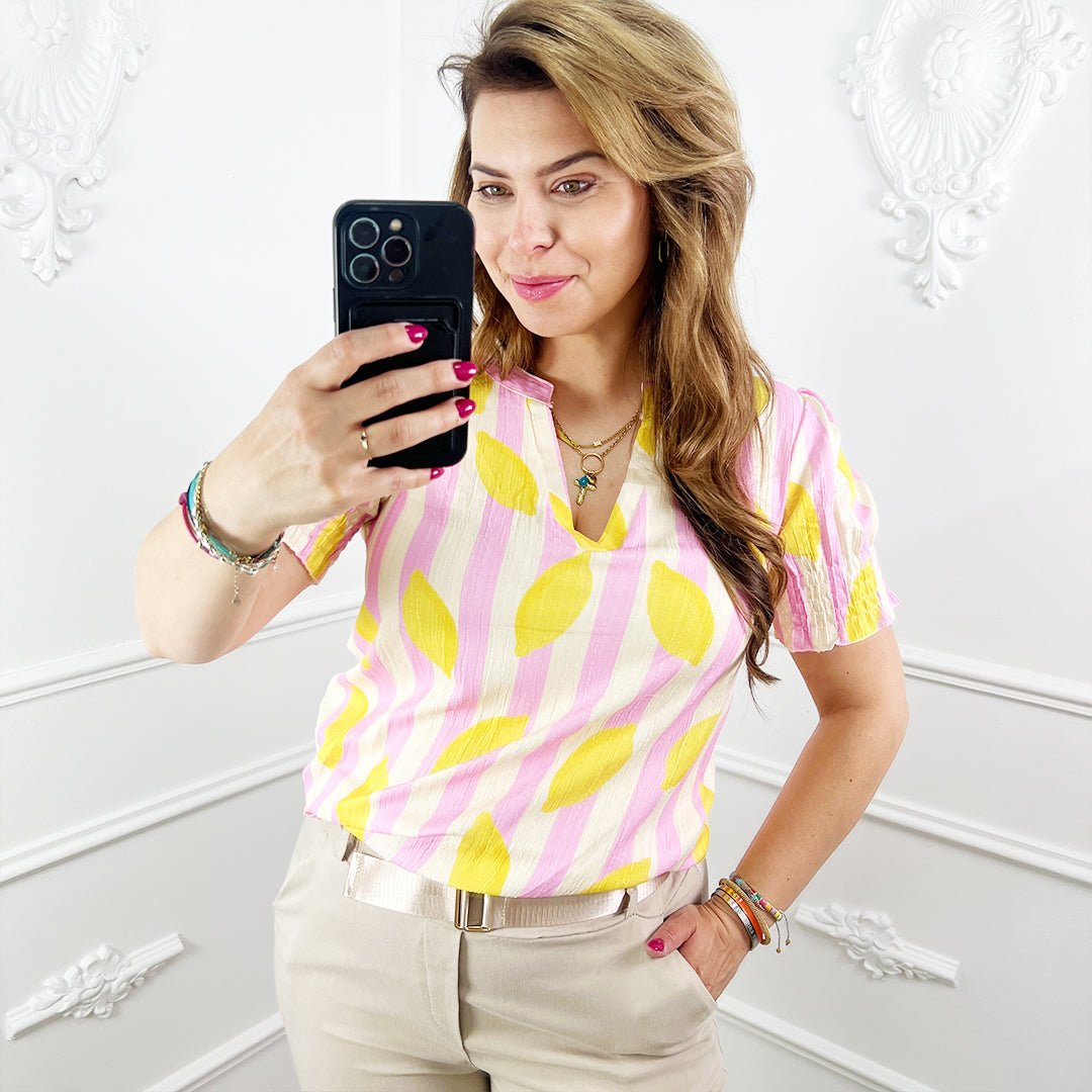 Blouse citroen print roze - streep - BlushFashionstore