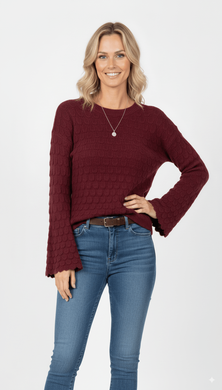 Bordeauxrode Trui Dames – Gebreide Trui met Structuur en Wijde Mouwen - BlushFashionstore