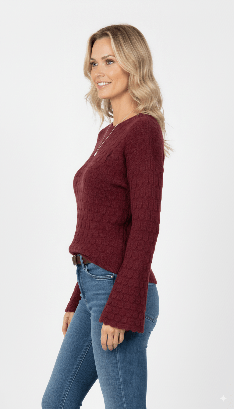 Bordeauxrode Trui Dames – Gebreide Trui met Structuur en Wijde Mouwen - BlushFashionstore