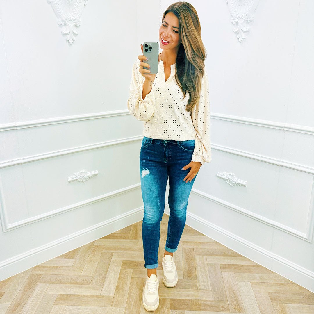 Broderie Top Beige - BlushFashionstore