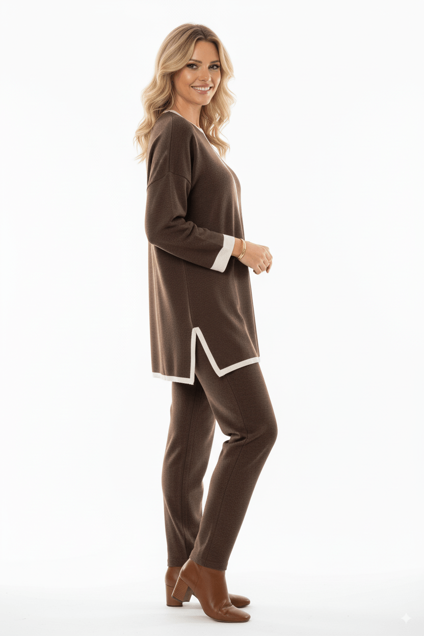 Bruine 2 - Delige Dames Set – Trui & Wijde Broek met Witte Bies - BlushFashionstore