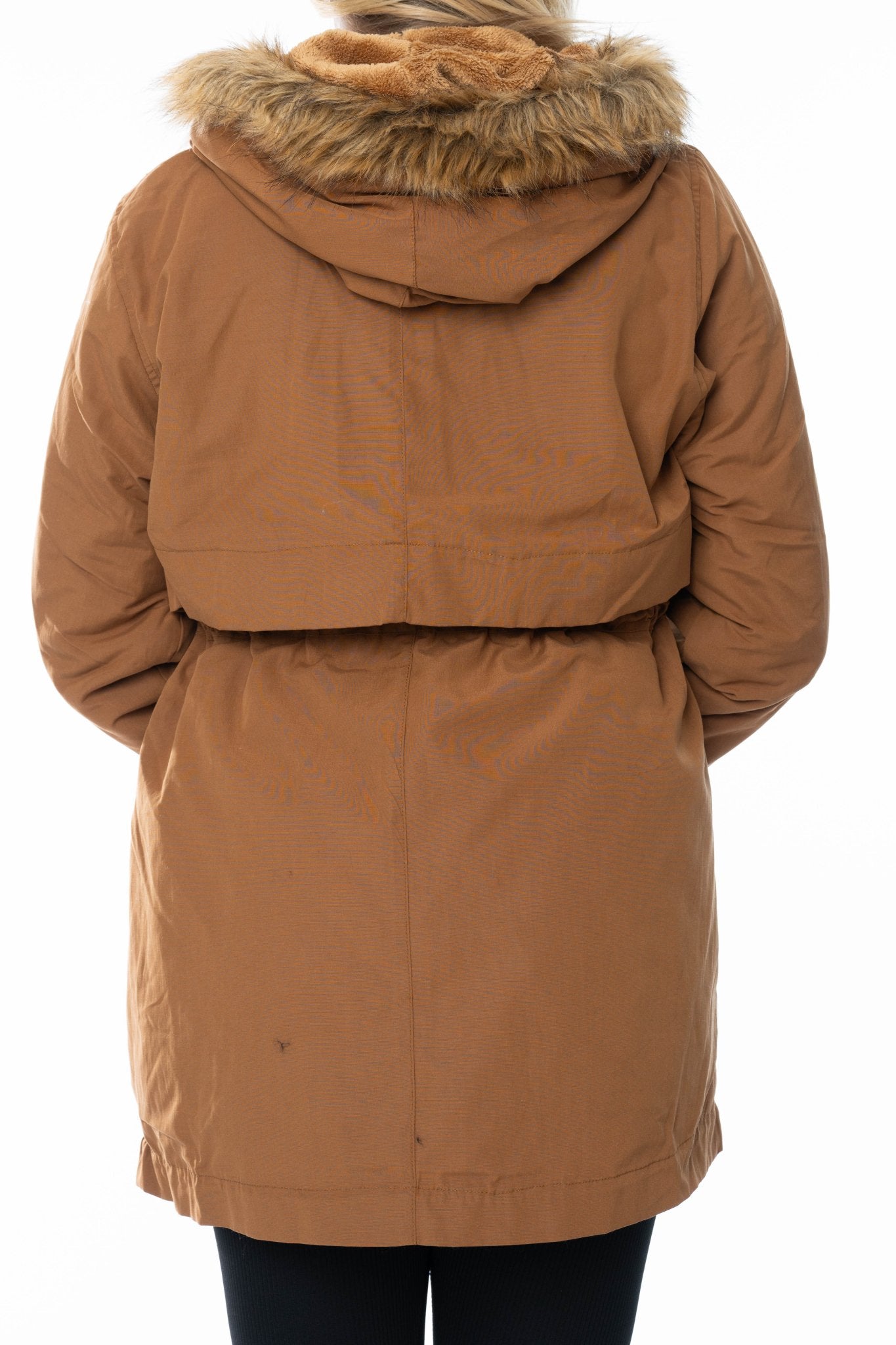 Bruine dames parka jas – Met capuchon, faux fur kraag & tekstdetail - BlushFashionstore