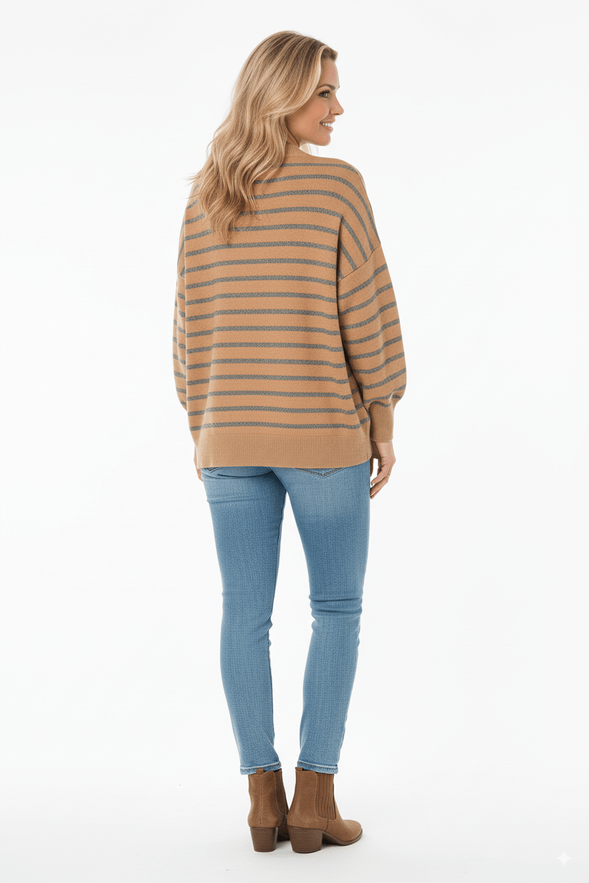 Camel dames trui met grijze strepen – Oversized knitwear - BlushFashionstore