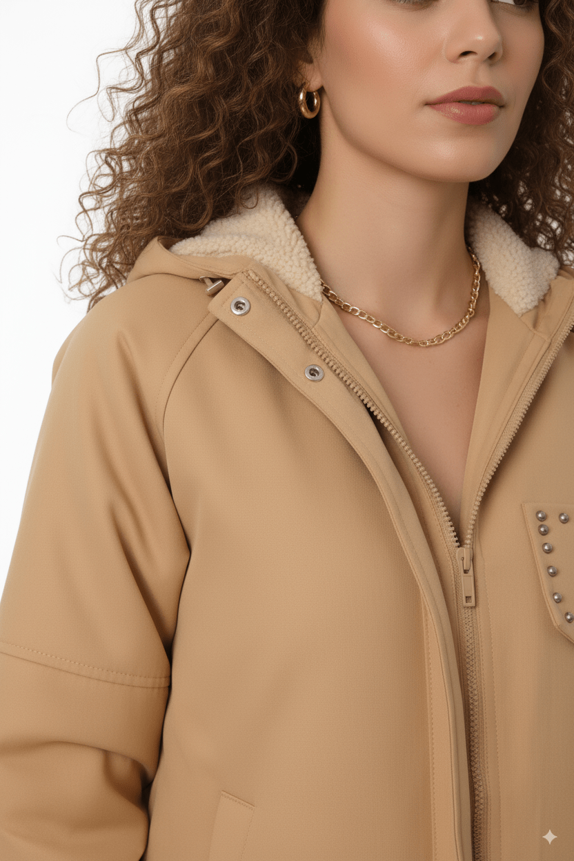 Camel Kleurige Jas met Capuchon & Studdetails - BlushFashionstore