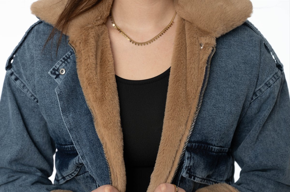 Dames denim jas met teddy voering – Warme oversized spijkerjas - BlushFashionstore