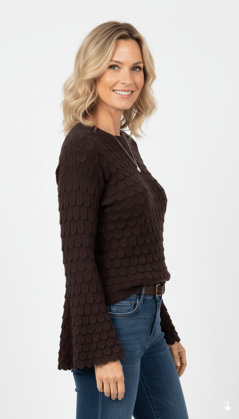 Donkerbruine Trui Dames – Gebreide Trui met Structuur en Wijde Mouwen - BlushFashionstore