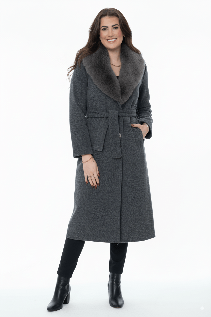 Donkergrijze Lange Mantel met Faux Fur Kraag en Ceintuur - BlushFashionstore