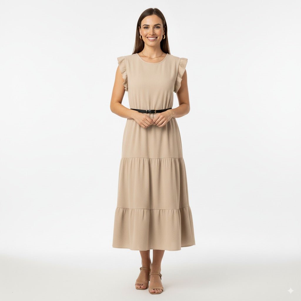 Eva Beige Midi Jurk met Ruches en Tailleceintuur - BlushFashionstore