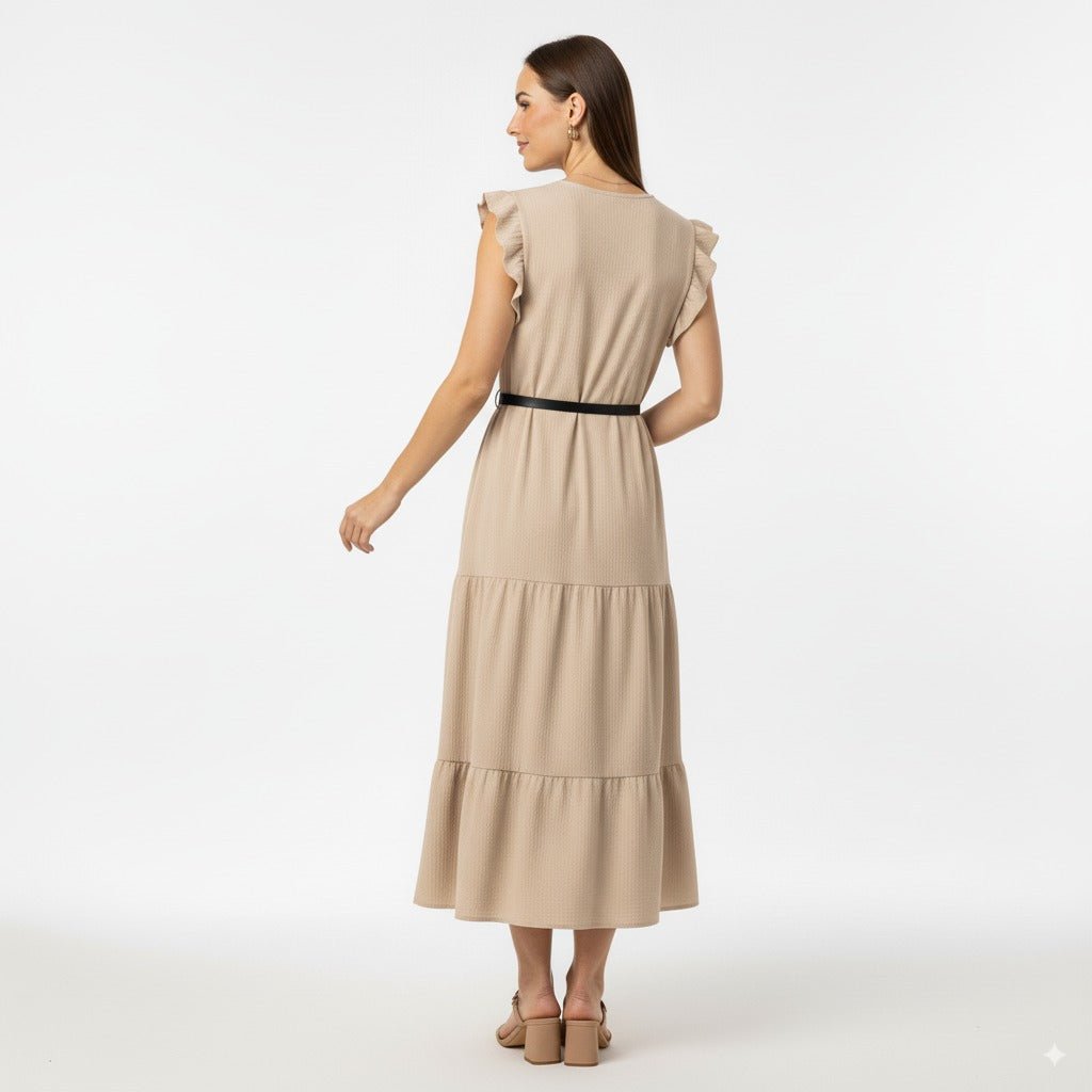 Eva Beige Midi Jurk met Ruches en Tailleceintuur - BlushFashionstore