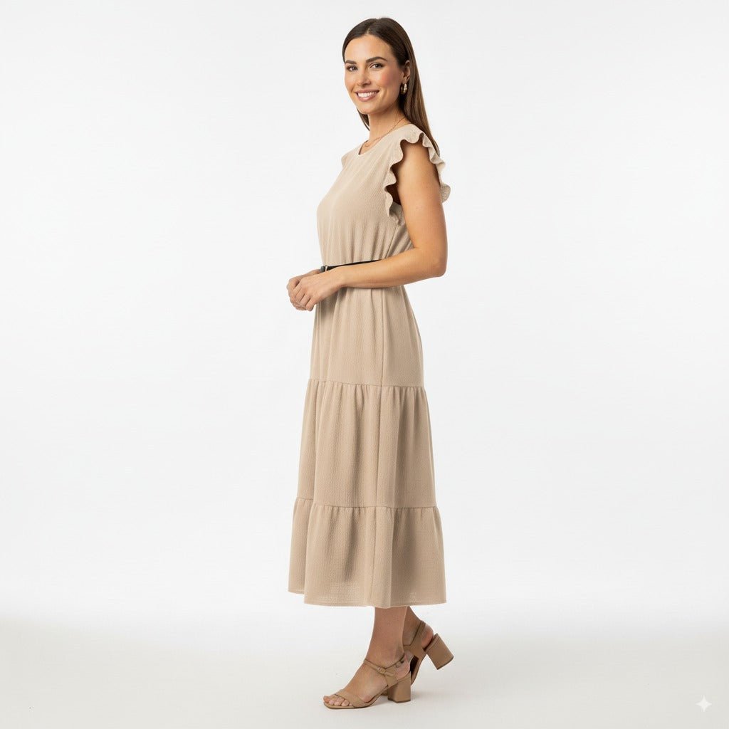 Eva Beige Midi Jurk met Ruches en Tailleceintuur - BlushFashionstore