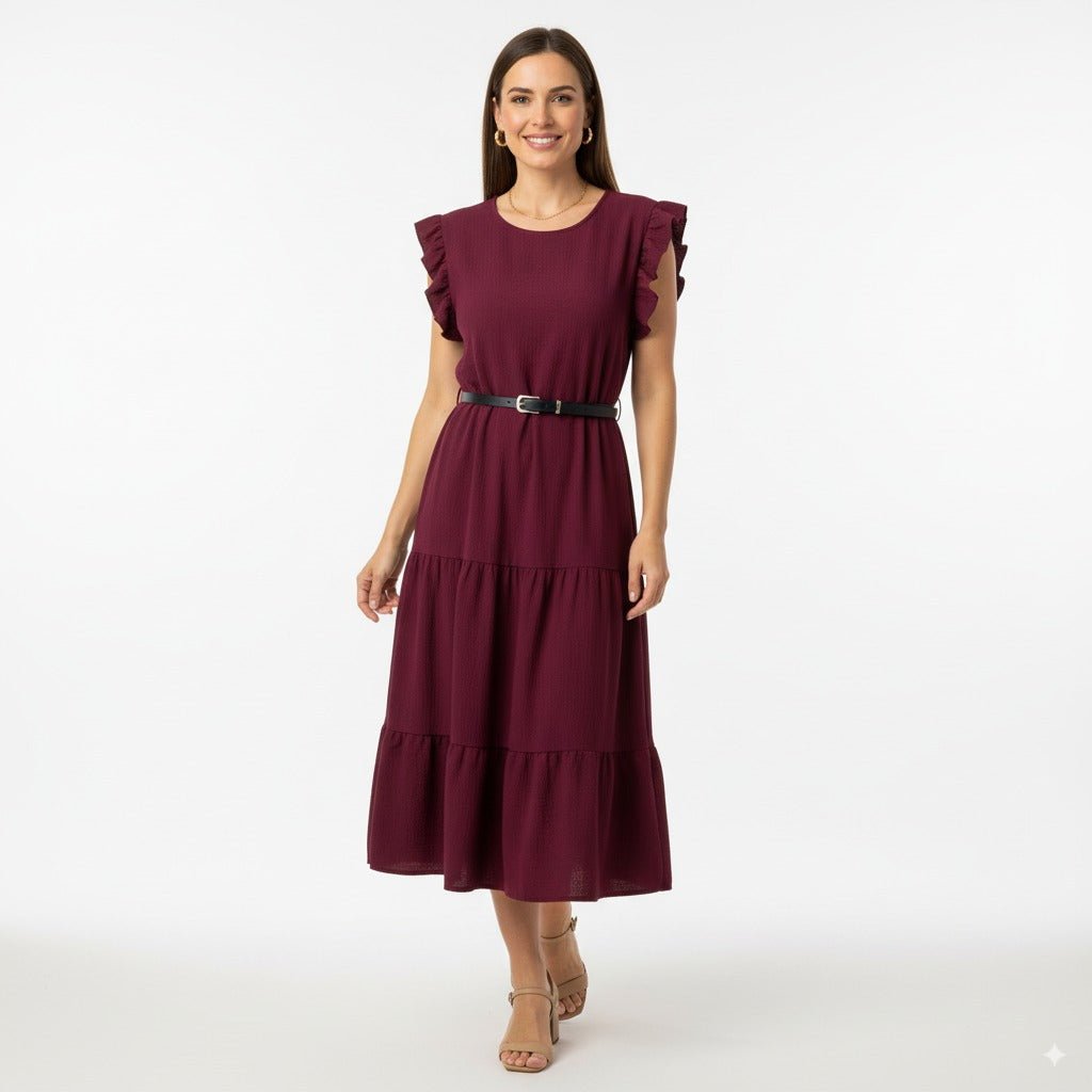 Eva Bordeauxrode Midi Jurk met Ruches en Tailleceintuur - BlushFashionstore