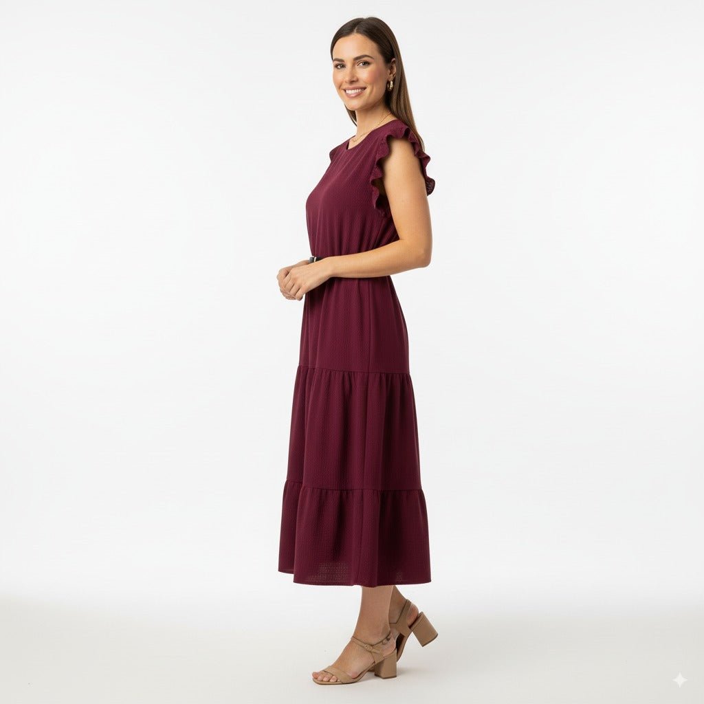 Eva Bordeauxrode Midi Jurk met Ruches en Tailleceintuur - BlushFashionstore
