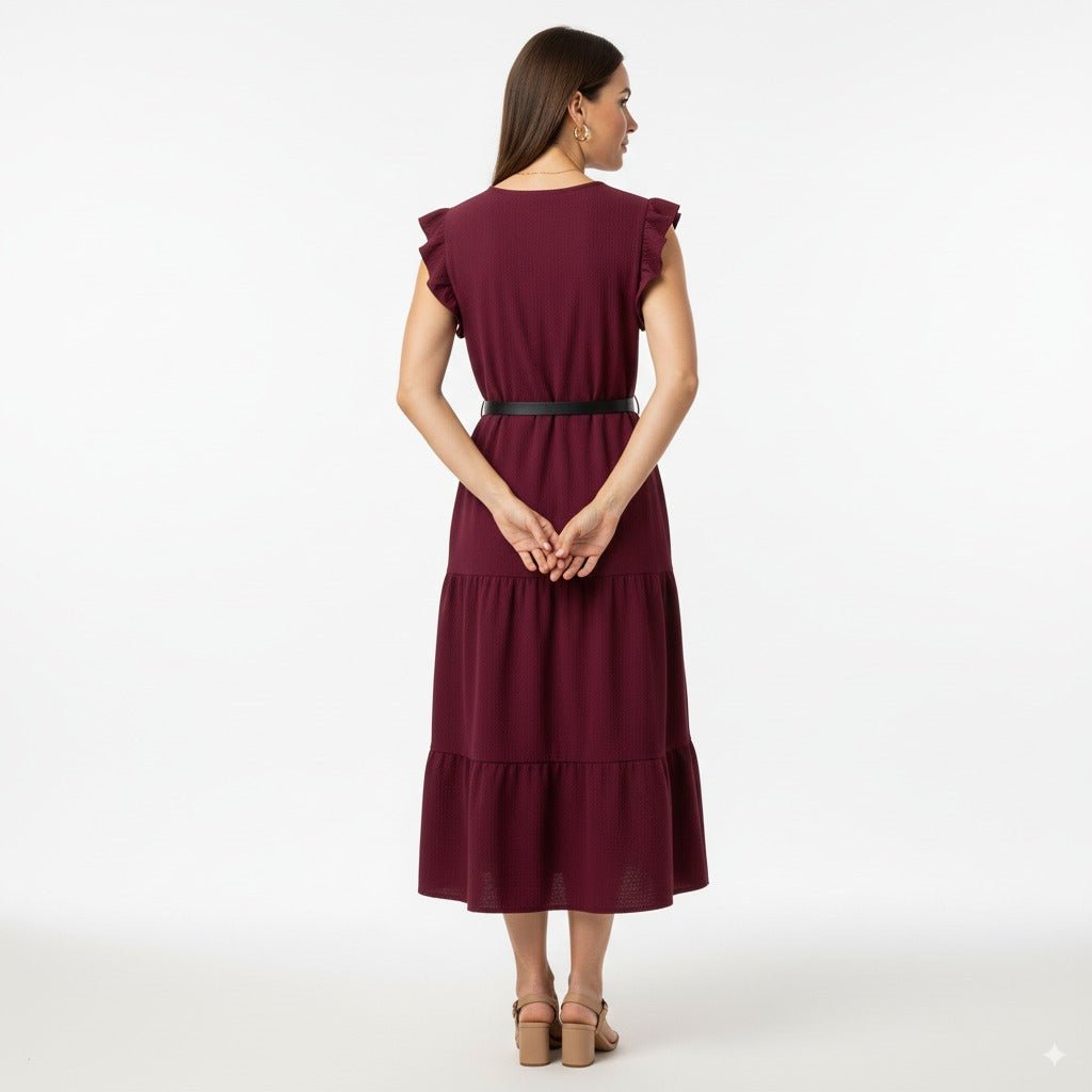 Eva Bordeauxrode Midi Jurk met Ruches en Tailleceintuur - BlushFashionstore