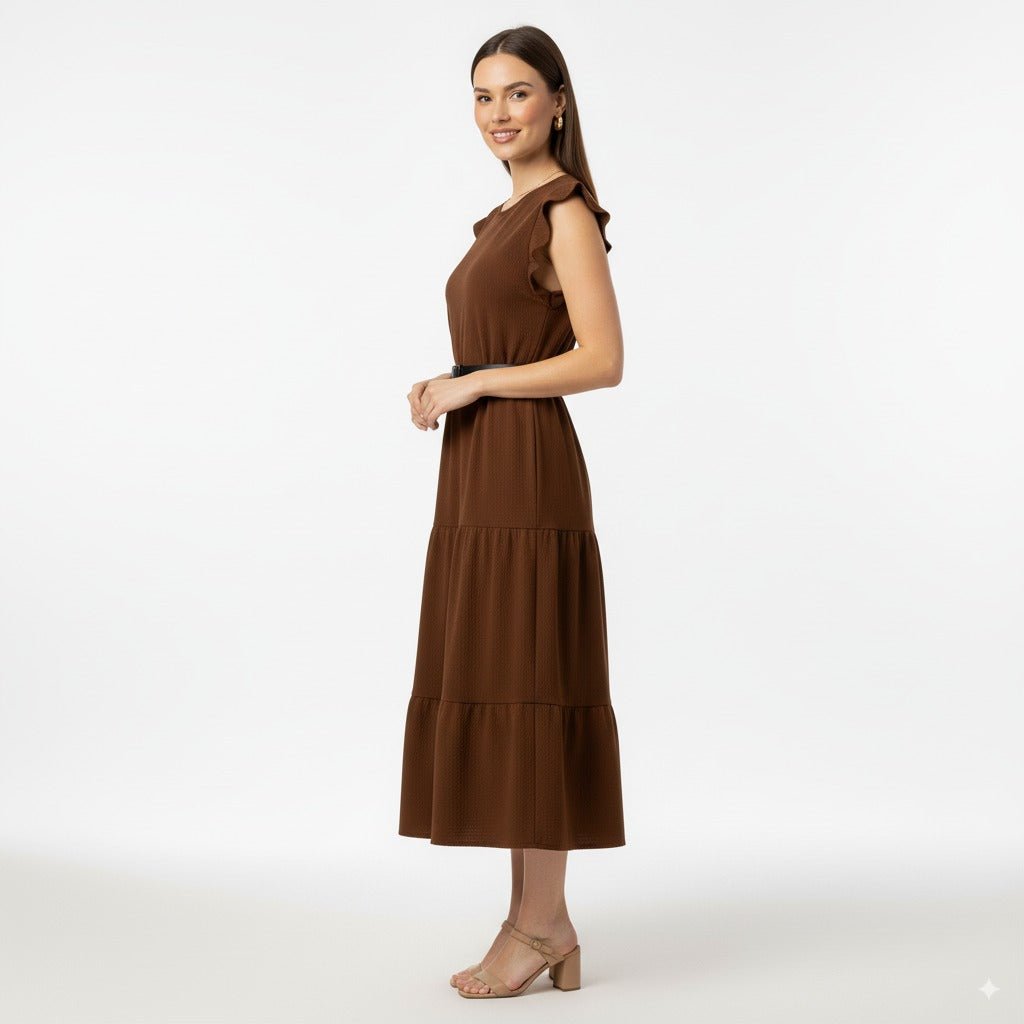 Eva Bruine Midi Jurk met Ruches en Tailleceintuur - BlushFashionstore