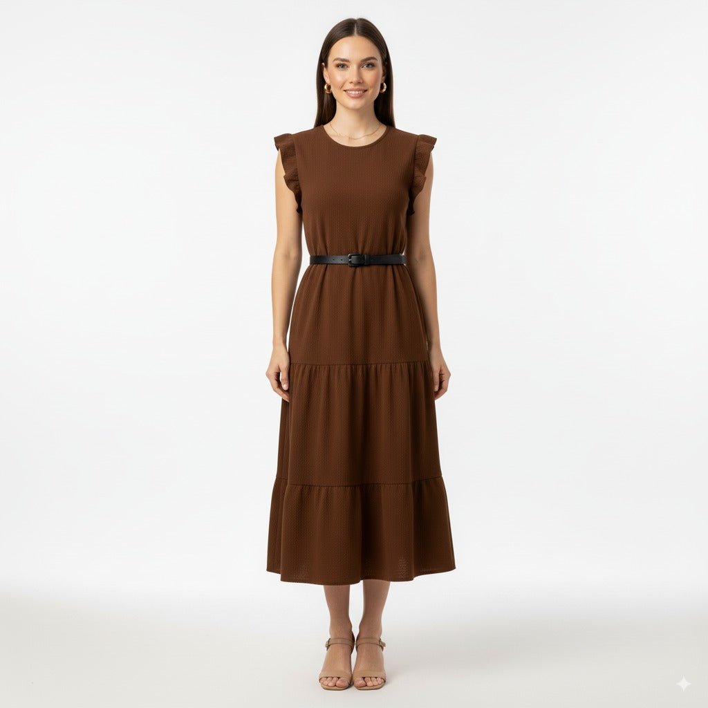Eva Bruine Midi Jurk met Ruches en Tailleceintuur - BlushFashionstore