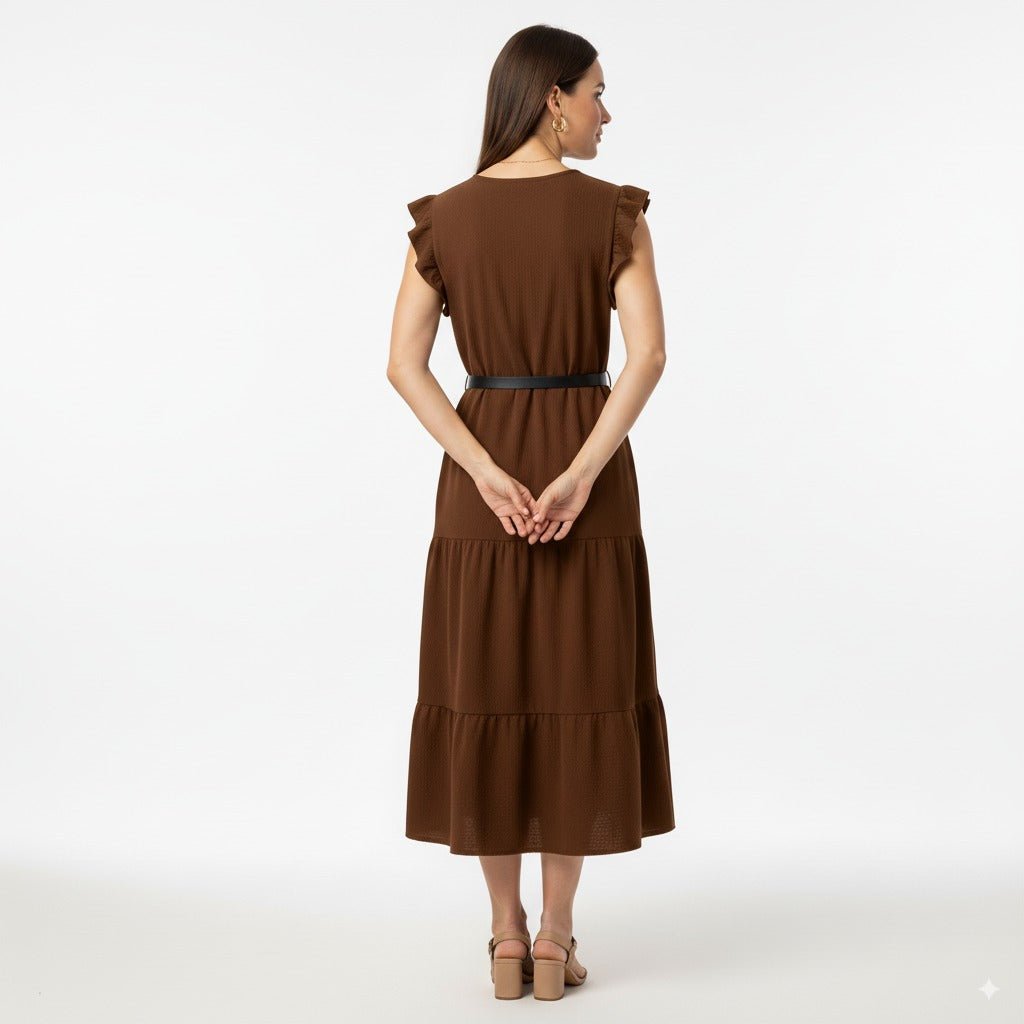 Eva Bruine Midi Jurk met Ruches en Tailleceintuur - BlushFashionstore