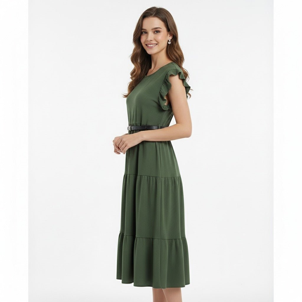 Eva Groene Midi Jurk met Ruches en Tailleceintuur - BlushFashionstore