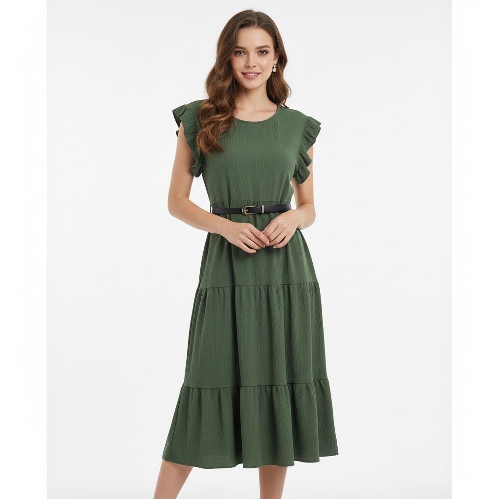 Eva Groene Midi Jurk met Ruches en Tailleceintuur - BlushFashionstore