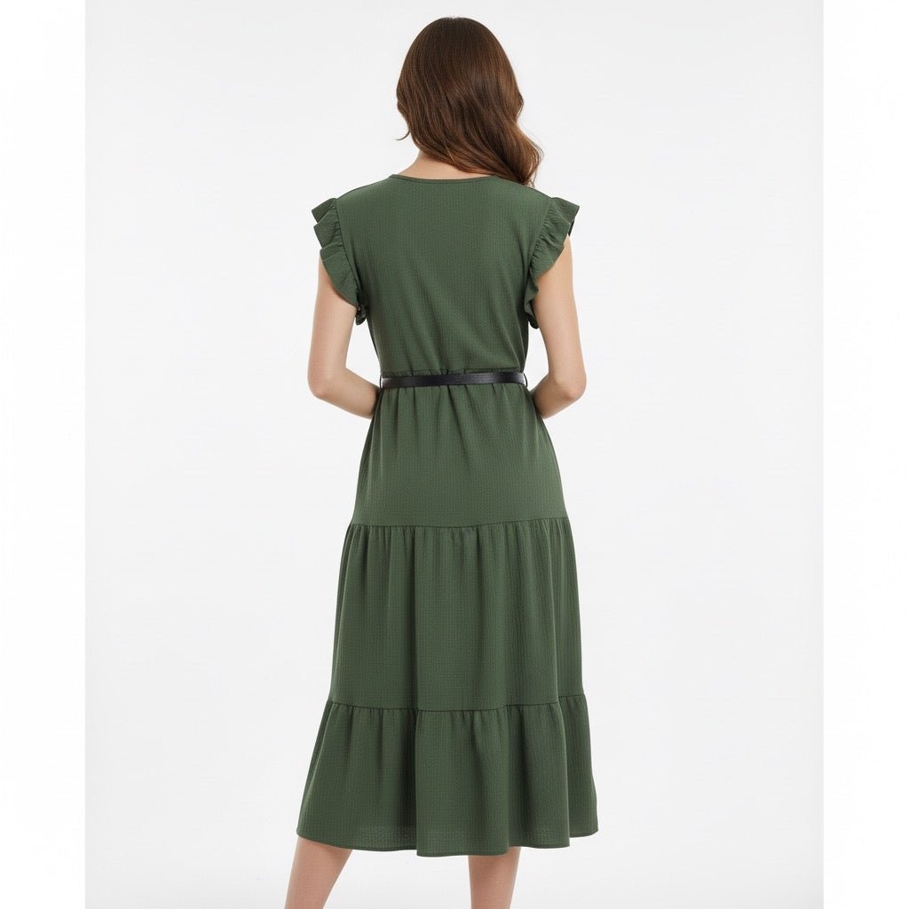 Eva Groene Midi Jurk met Ruches en Tailleceintuur - BlushFashionstore