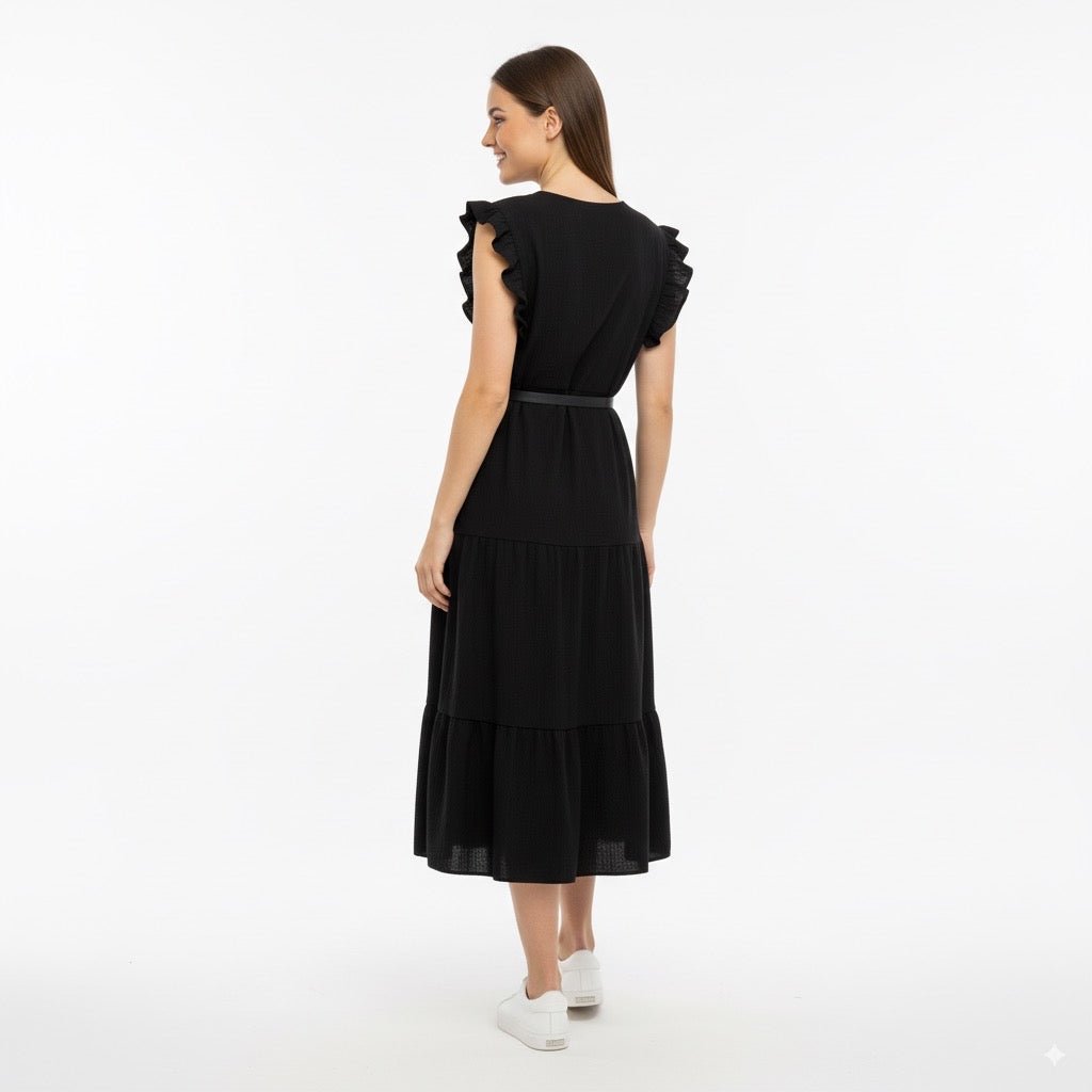 Eva Zwarte Midi Jurk met Ruches en Tailleceintuur - BlushFashionstore