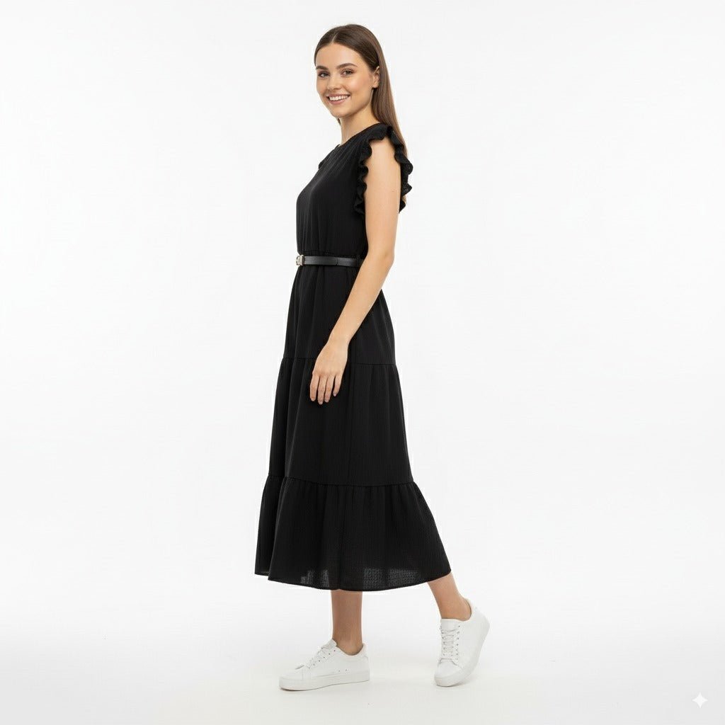 Eva Zwarte Midi Jurk met Ruches en Tailleceintuur - BlushFashionstore