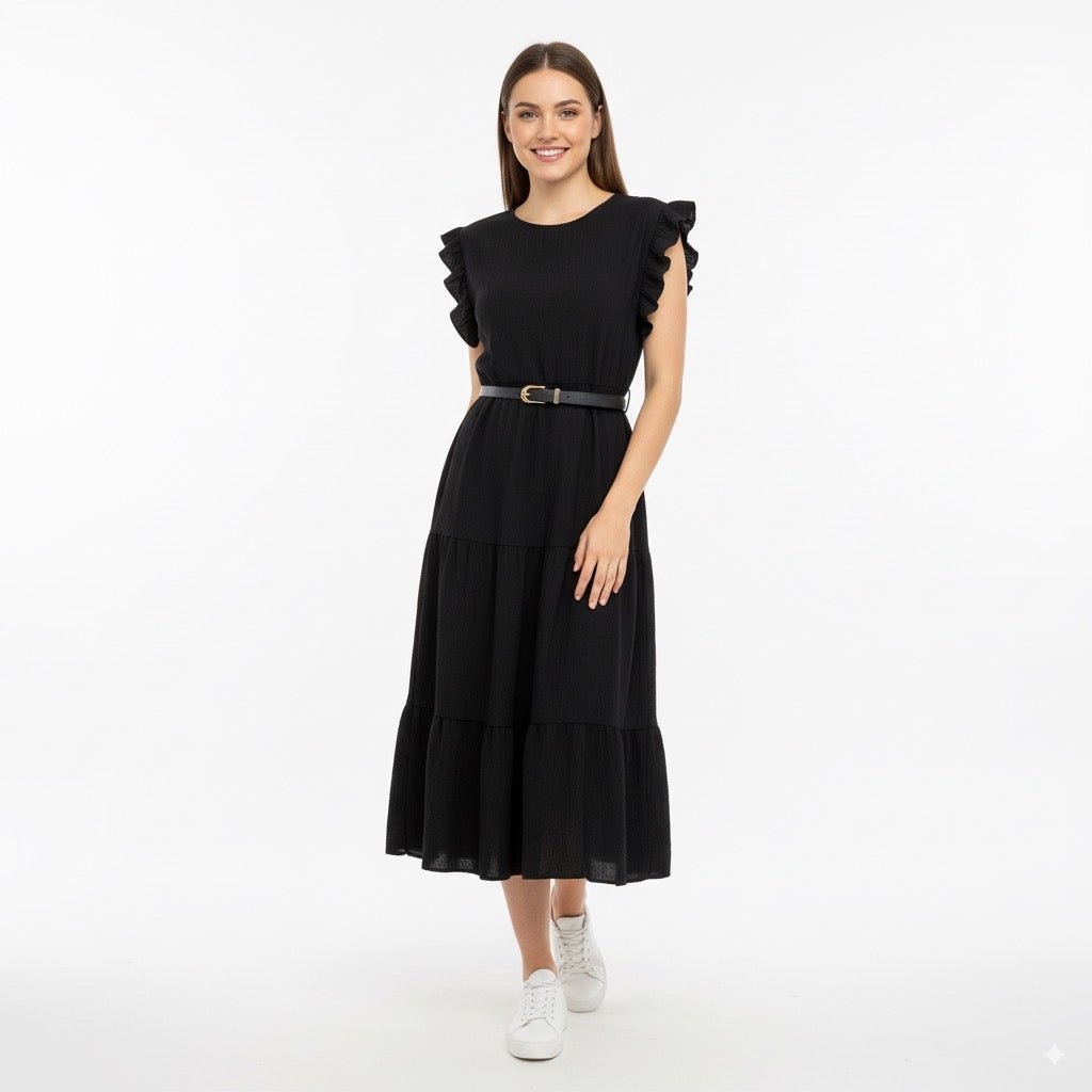 Eva Zwarte Midi Jurk met Ruches en Tailleceintuur - BlushFashionstore