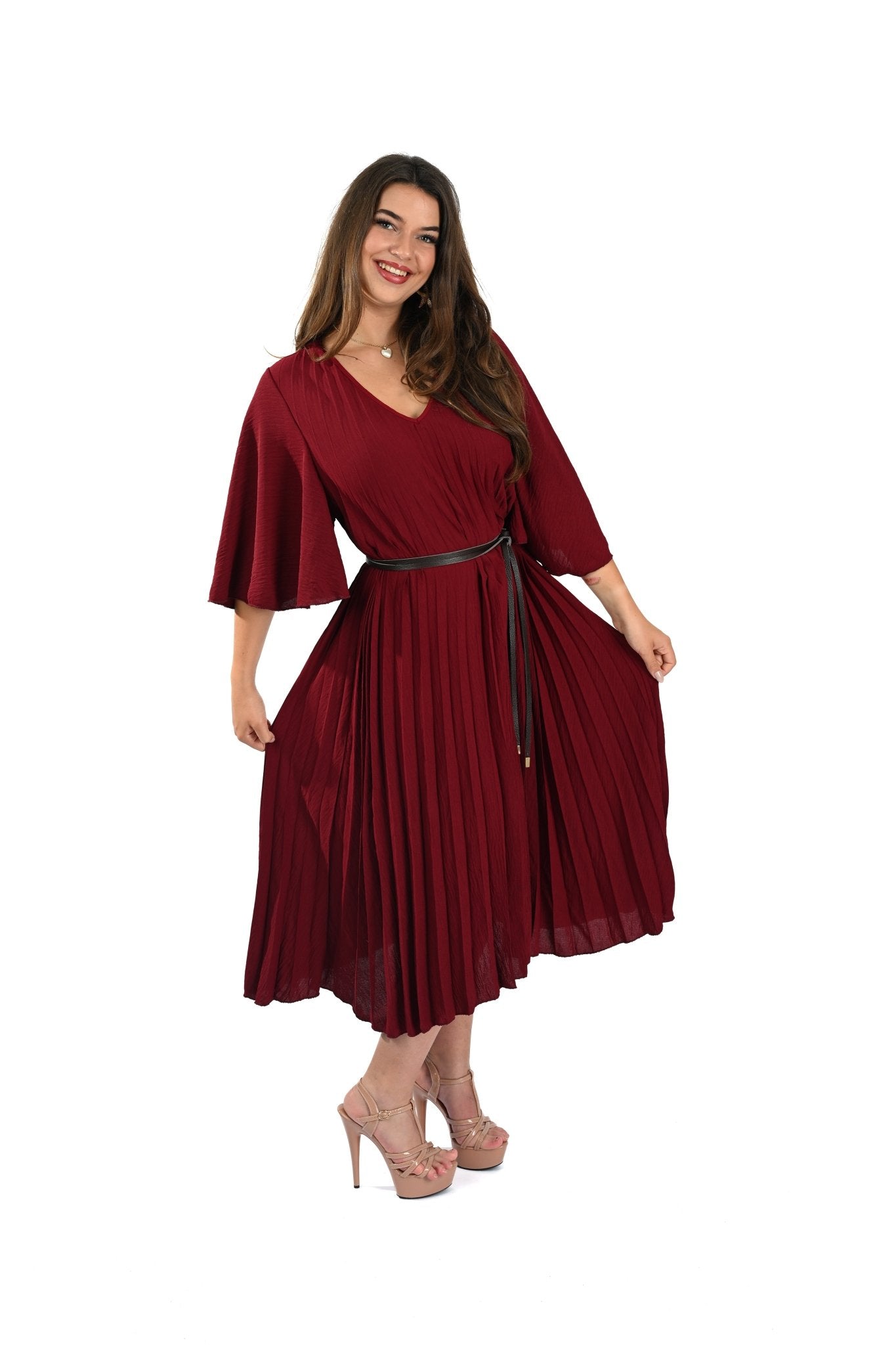 Geplooide Rode Jurk – Elegante Pleated Dress met V - Hals en Lange Mouw - BlushFashionstore